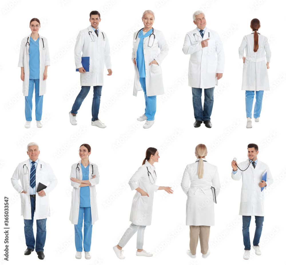 Collage with photos of doctors on white background Collage with photos of doctors on white background