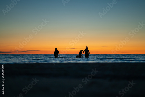 Silhouettes of the people with metal detectors standing in the sea © innervision