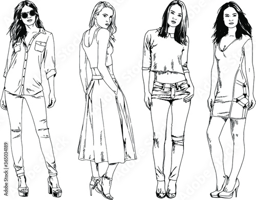 beautiful slim girl in casual clothes, drawn in ink by hand on a white background © evgo1977