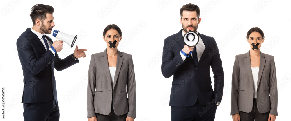 Φωτογραφία collage of bearded businessman in suit screaming in megaphone near businesswoman