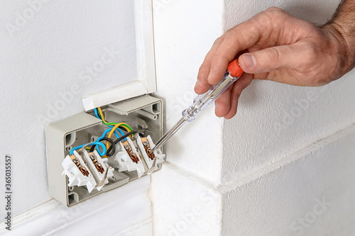 Quadro em tela Electrician with neon-lamp tester checking voltage indoors, closeup