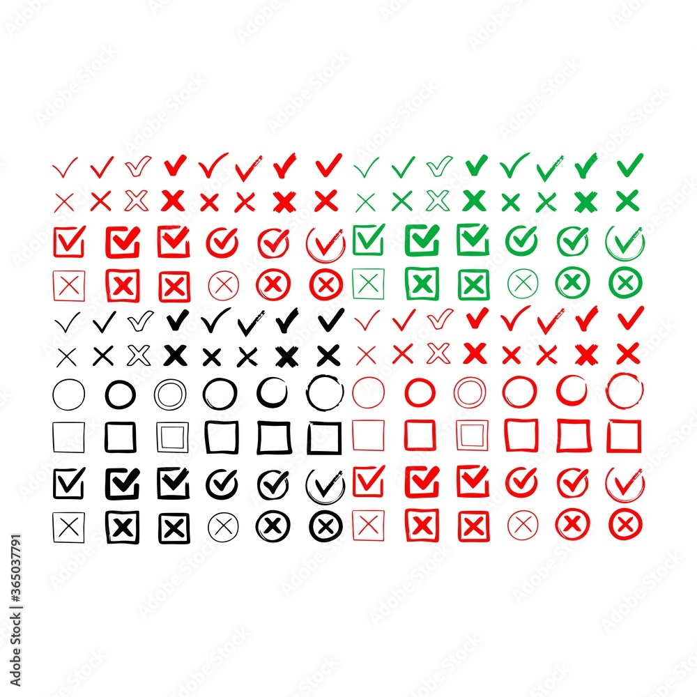 Set hand drawn check mark, tick and cross brush signs, checkmark OK and X icons, symbols YES and NO button, checkbox chalk icons, sketch checkmarks, checklist marks