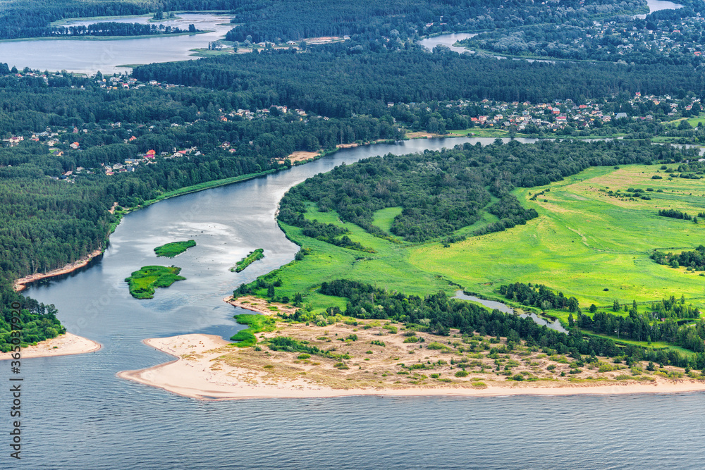 aerial view over the river Gauja and river mouth