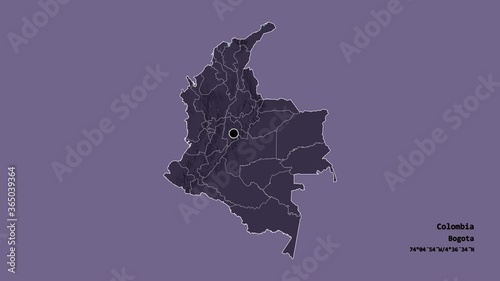 Casanare, intendancy of Colombia, with its capital, localized, outlined and zoomed with informative overlays on a administrative map in the Stereographic projection. Animation 3D photo