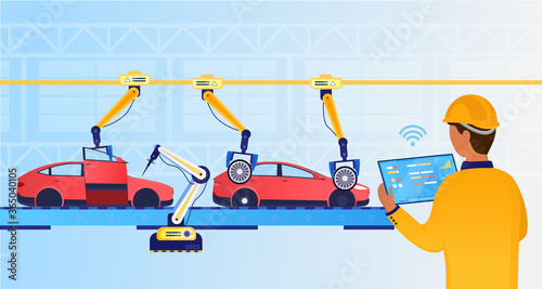 An engineer at a futuristic factory sets up an assembly line using a tablet. Automotive line. Industry technology concept. Car production. Industry 4.0. Production automation. Flat Vector Illustration