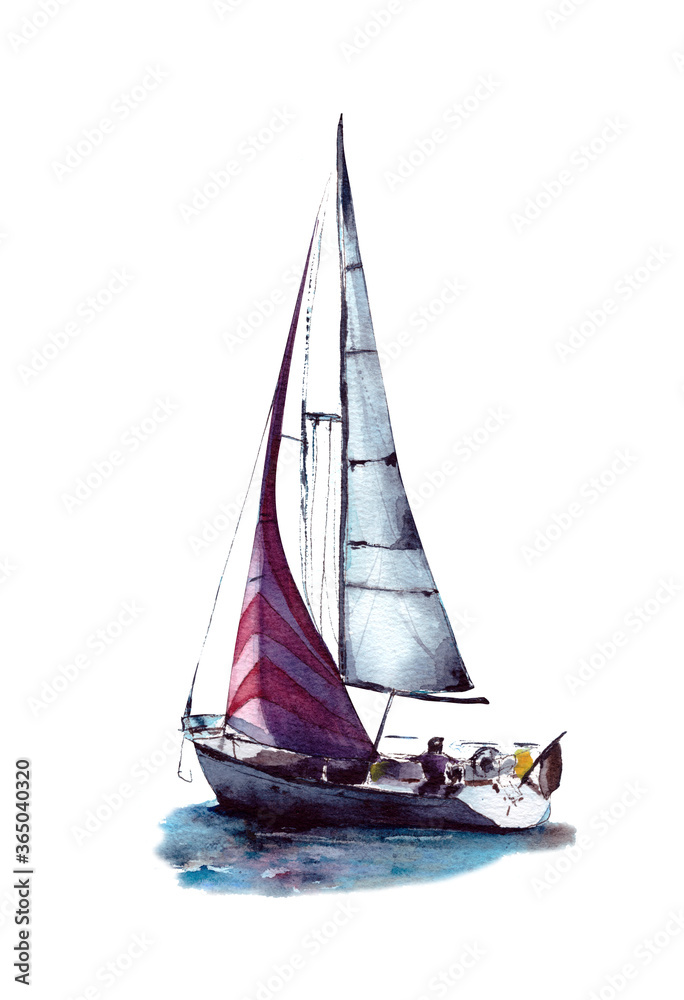 watercolor illustration. traveling on a yacht.sea cruise, adventure on the ocean.isolated on a white background.