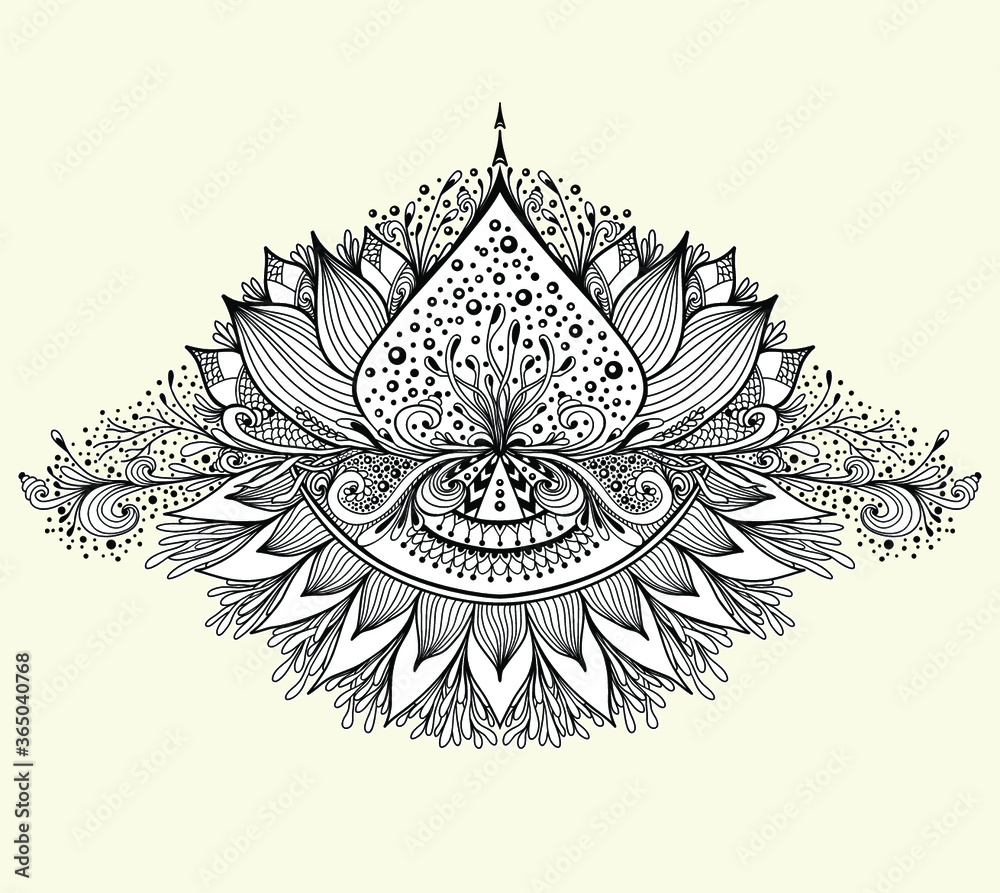 Abstract decorative element in Boho Eastern  Ethnic style  or Mandala  black on white  for tattoo or for decoration T-shirt or for coloring page book