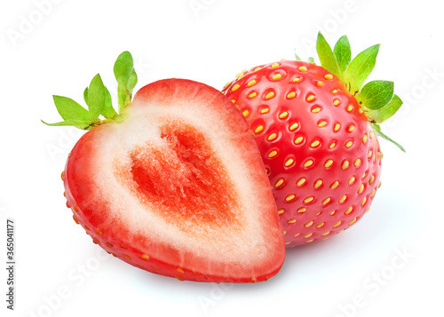 red whole strawberry whole and half with green leaf isolated on white background
