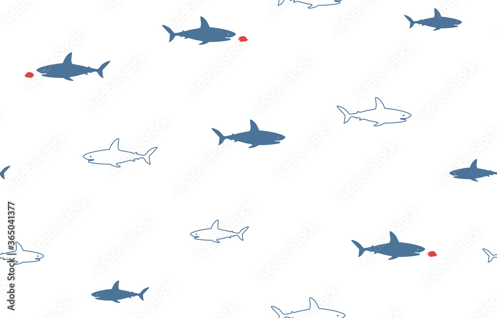Cartoon shark eating a fish seamless pattern. Vector illustration on with background.	