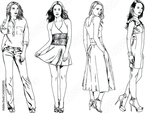 vector drawings on the theme of beautiful slim sporty girl in casual clothes in various poses painted ink hand sketch with no background