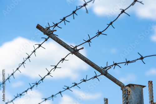 Barbed wire on an old steel fence close up abstract background.