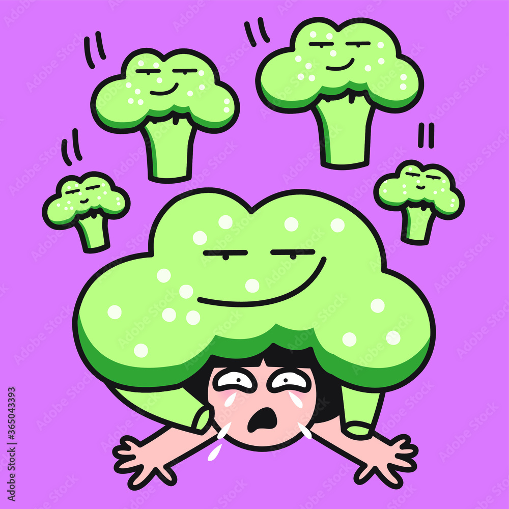 Cheeky Broccoli Keep Falling On A Veggie Hater Girl Concept Card Character illustration Cheeky Broccoli Keep Falling On A Veggie Hater Girl Concept Card Character illustration