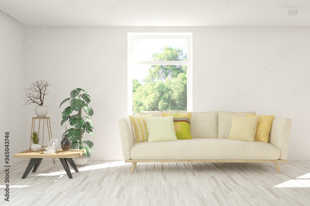 Fototapeta premium White living room with sofa and summer landscape in window. Scandinavian interior design. 3D illustration
