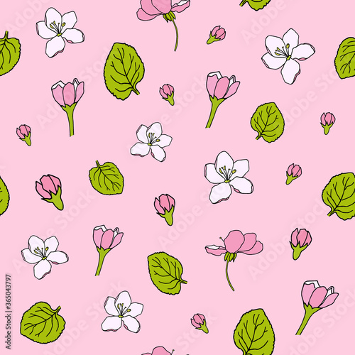 Wallpaper Mural Flowers flat vector seamless pattern. Floral pink background. Green leaf and apple bright color spring flower cartoon wrapping paper, print elements, fabric, wallpaper design Torontodigital.ca
