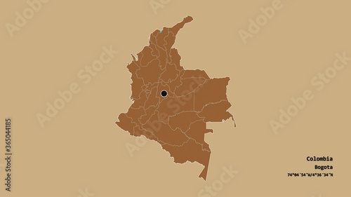 Guainía, commissiary of Colombia, with its capital, localized, outlined and zoomed with informative overlays on a solid patterned map in the Stereographic projection. Animation 3D photo