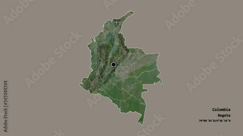 Guainía, commissiary of Colombia, with its capital, localized, outlined and zoomed with informative overlays on a satellite map in the Stereographic projection. Animation 3D photo