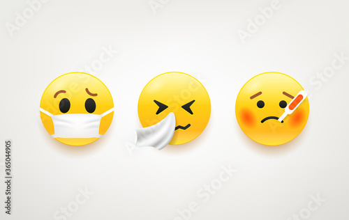 Faces with termometer and handkerchief vector pack. Illness