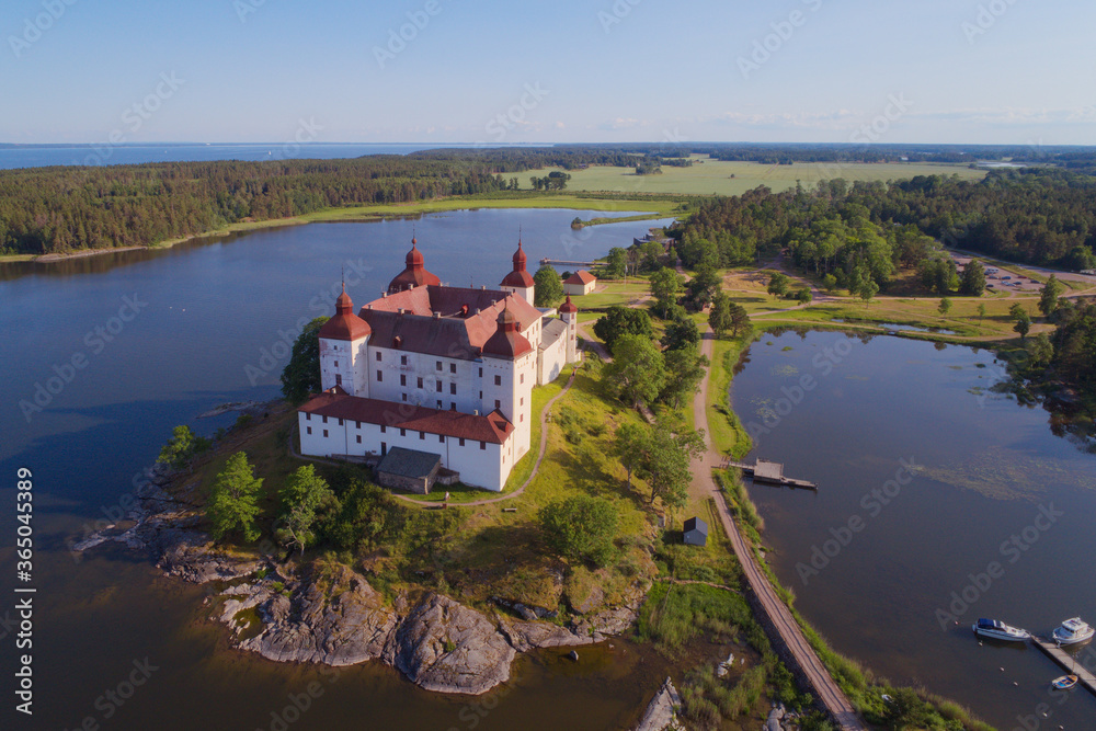 Aerial view of the beautiful medieval Lacko castle located in Swedish province of Vastergotland.