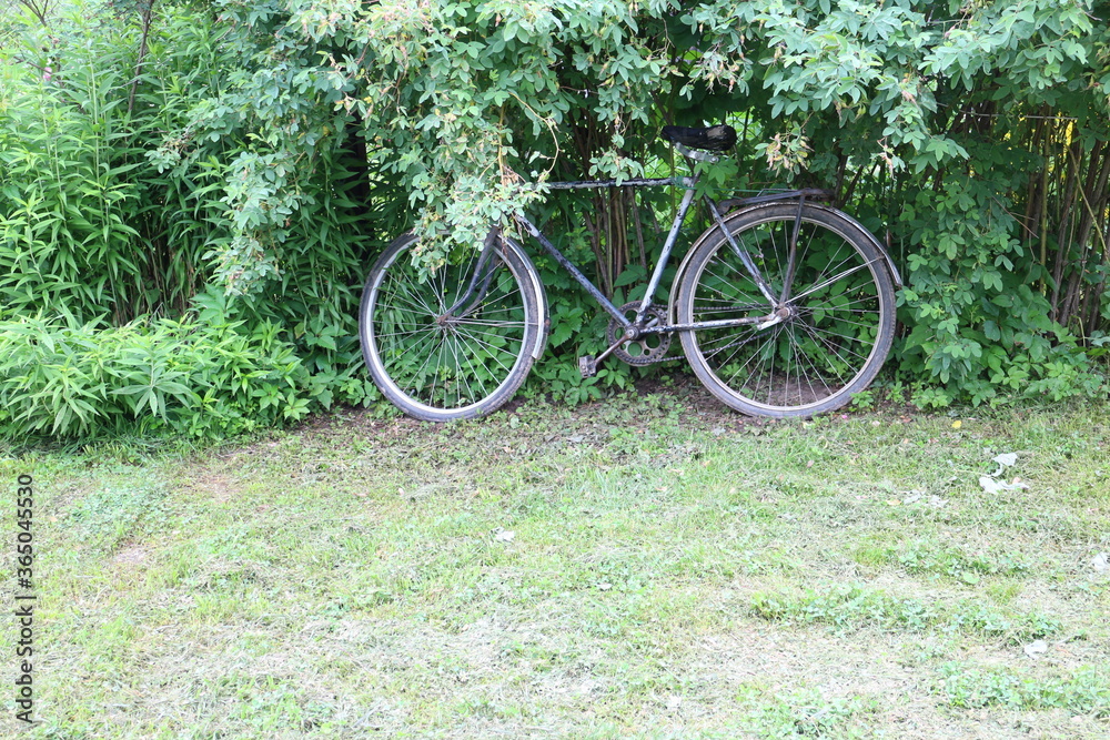 Old bike by the fence in the village