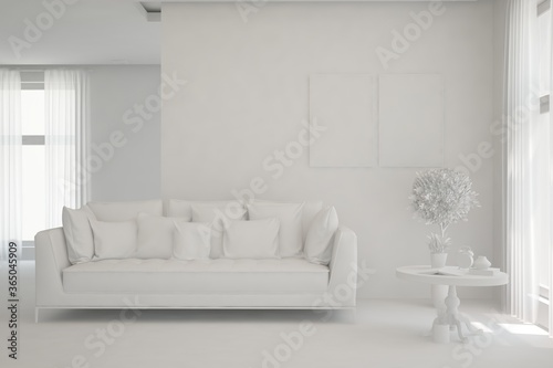 White minimalist living room with sofa. Scandinavian interior design. 3D illustration