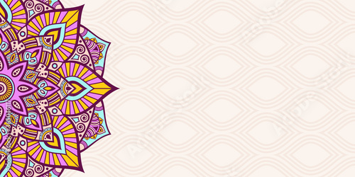 Horizontal mandala banner. Decorative flower mandala background with place for text. Colorful abstract graphics. Arabic Islamic east style. Vector color illustration.