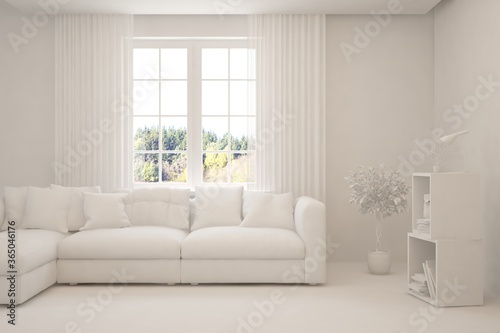 White minimalist living room with sofa. Scandinavian interior design. 3D illustration