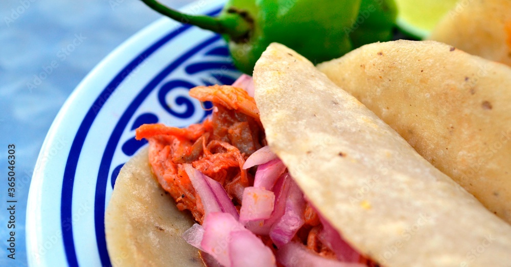 detalle de taco de cochinita pibil, tortilas hechas a mano, tacos mexicanos, tacos, yucatan
