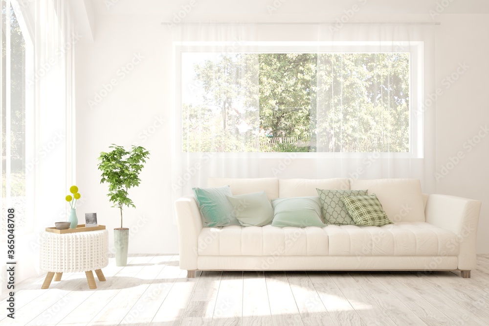 White living room with sofa and summer landscape in window. Scandinavian interior design. 3D illustration White living room with sofa and summer landscape in window. Scandinavian interior design. 3D illustration