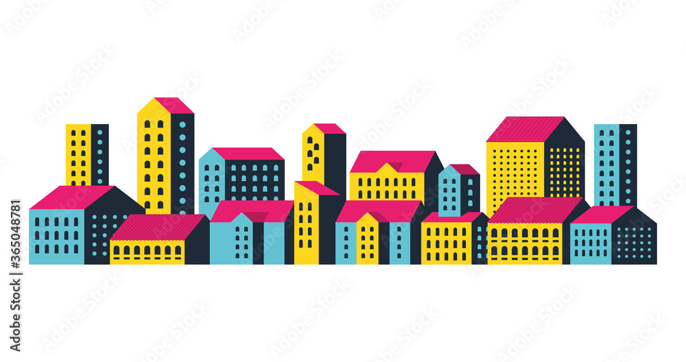 Yellow blue and pink city buildings design, Abstract geometric architecture and urban theme illustration