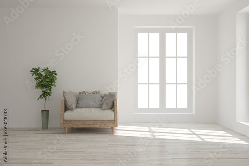 White living room with armchair. Scandinavian interior design. 3D illustration