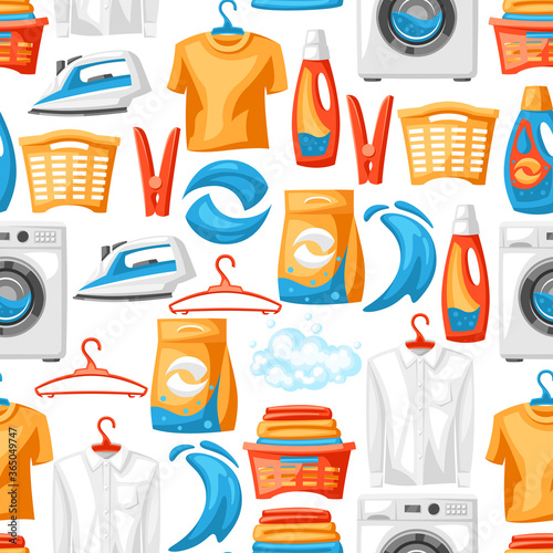 Laundry service seamless pattern with professional items.