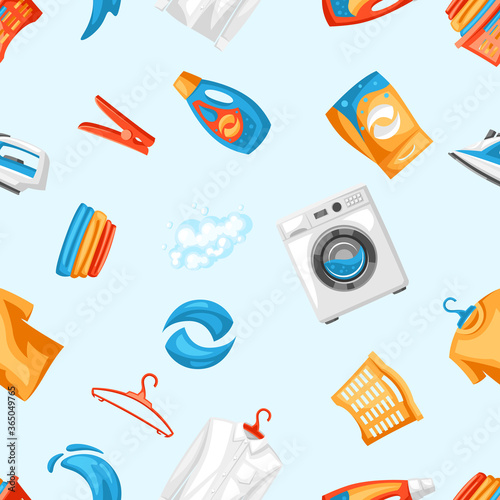 Laundry service seamless pattern with professional items.