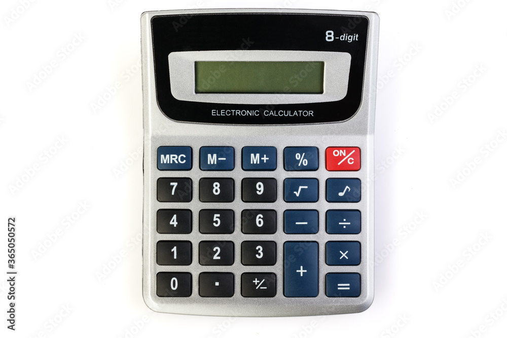 Silver calculator isolated on a white background. Silver-black calculator on a white background. Silver calculator isolated on a white background. Silver-black calculator on a white background.