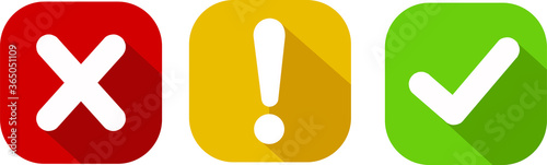 Set of round marks, cross, exclamation point, checkmark icons, buttons on white background.