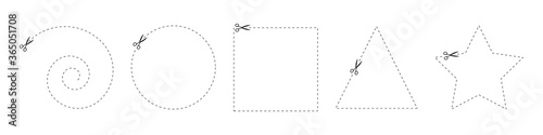 Coupon template. Dashed line with scissors black vector label. Shape to cut off using scissors. Vector illustration. 