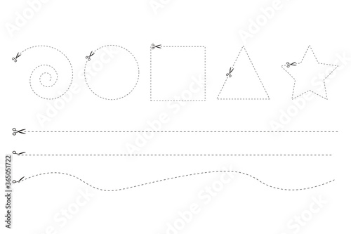 Coupon template. Dashed line with scissors black vector label. Shape to cut off using scissors. Vector illustration. 