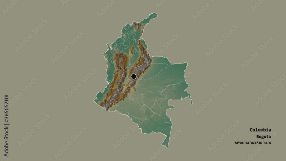 Vichada, commissiary of Colombia, with its capital, localized, outlined and zoomed with informative overlays on a relief map in the Stereographic projection. Animation 3D Vichada, commissiary of Colombia, with its capital, localized, outlined and zoomed with informative overlays on a relief map in the Stereographic projection. Animation 3D