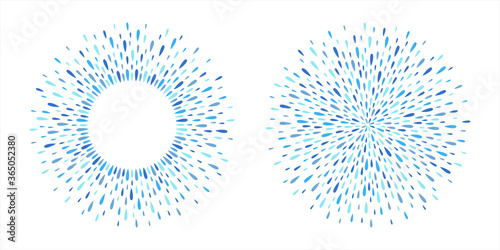 Round frame, circle shape made of tiny sprayed water drops, droplets, raindrops, tears. Blue abstract rainy autumn background. Radial splash, splatter aquatic template for borders, design element.