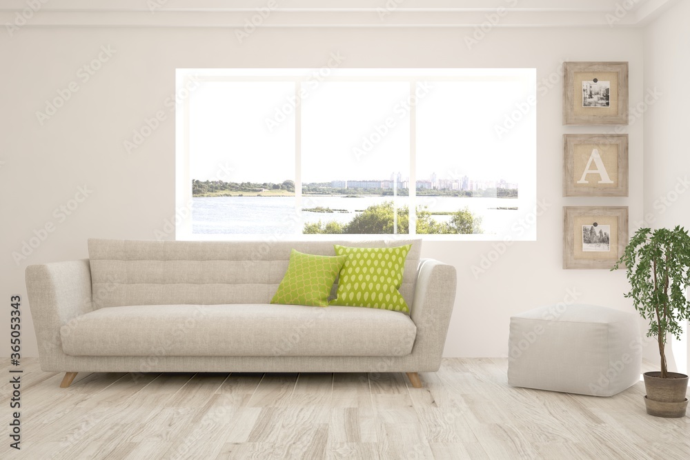 Fototapeta premium White living room with sofa. Scandinavian interior design. 3D illustration