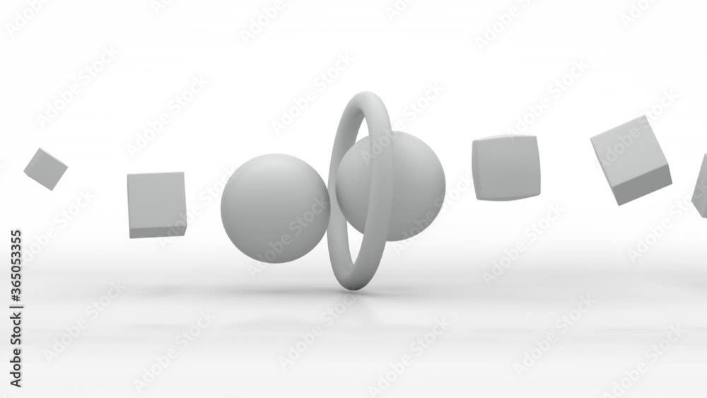 3D animation of Belgorod background where white cubes move along the trajectory and turn into balls passing through the ring. Abstract animation.