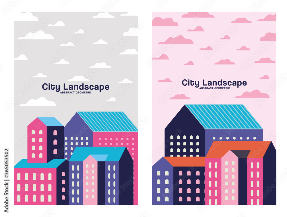 Pink purple and blue city buildings landscape with clouds frames design, Abstract geometric architecture and urban theme illustration