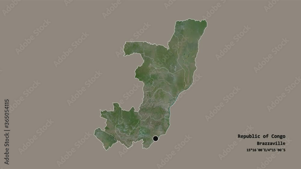 Niari, region of Republic of Congo, with its capital, localized, outlined and zoomed with informative overlays on a satellite map in the Stereographic projection. Animation 3D Niari, region of Republic of Congo, with its capital, localized, outlined and zoomed with informative overlays on a satellite map in the Stereographic projection. Animation 3D