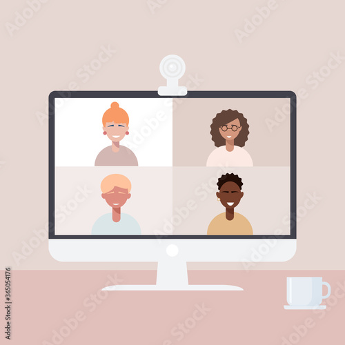 Video conference with friends during quarantine. Collective virtual meeting and group video conference. People working at home.