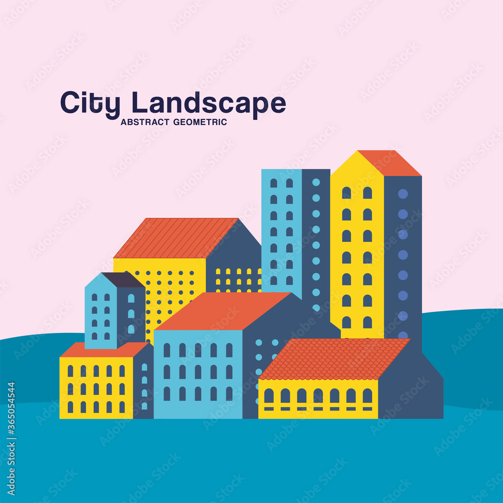 Yellow blue and orange city buildings landscape design, Abstract geometric architecture and urban theme illustration
