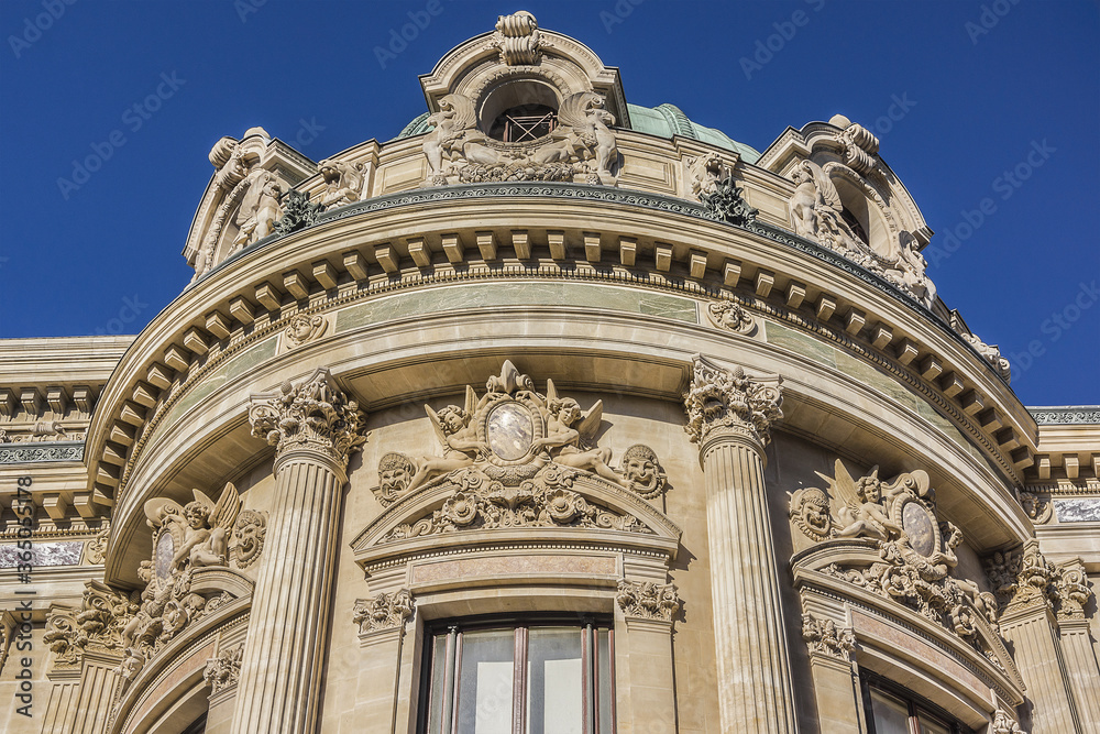 Architectural details of Opera National de Paris (Garnier Palace) - famous neo-baroque opera building. Paris, France. 