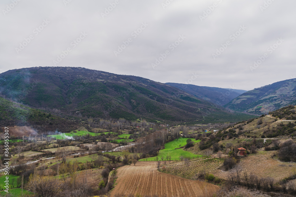 Mountain landscape, fields in the valley