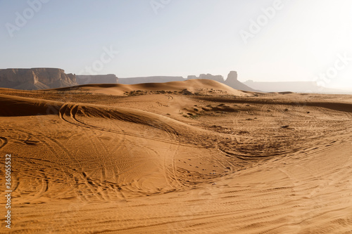 Fototapeta Naklejka Na Ścianę i Meble -  Red sand dunes called Red Sands south of Riyadh. You can see the lanes of quads because the dunes are a popular destination for people to drive around in the dunes.