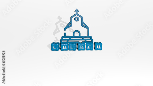 3D illustration of church graphics and text made by metallic dice letters for the related meanings of the concept and presentations. architecture and building