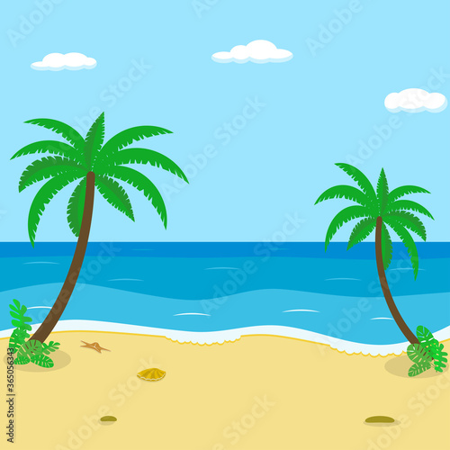 Seascape. Seashore  sea  palm trees Vector image flat style