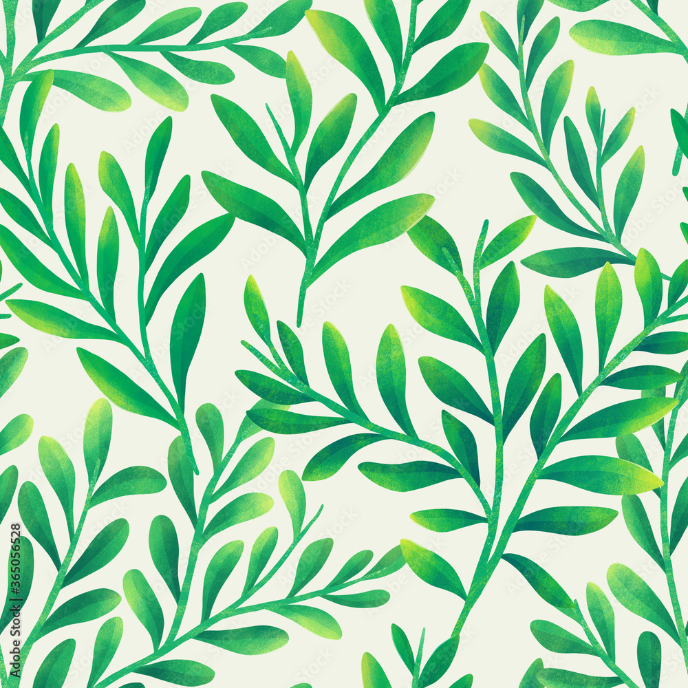 Seamless green leaves pattern. Digital painting of botanical backgroung. Hand painting floral illustration.